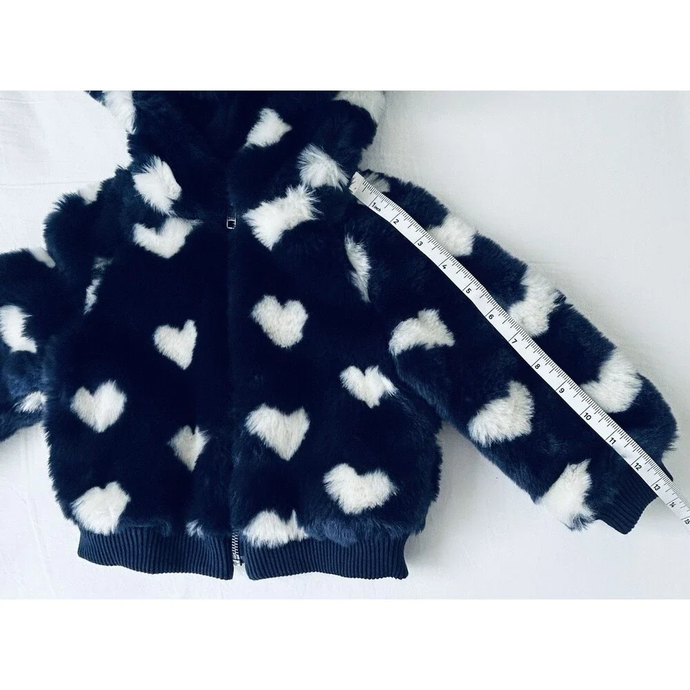 NWOT babyGap 2T Navy Faux Fur White Heart Hooded Zip Jacket Coat